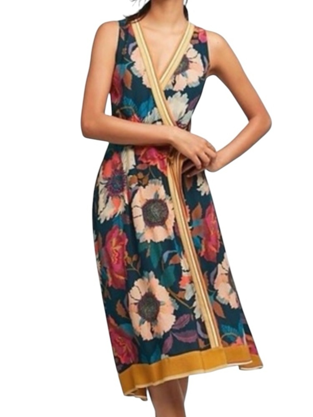Anthropologie Women’s Floral Wrap Midi Botanica Dress Sleeveless Size